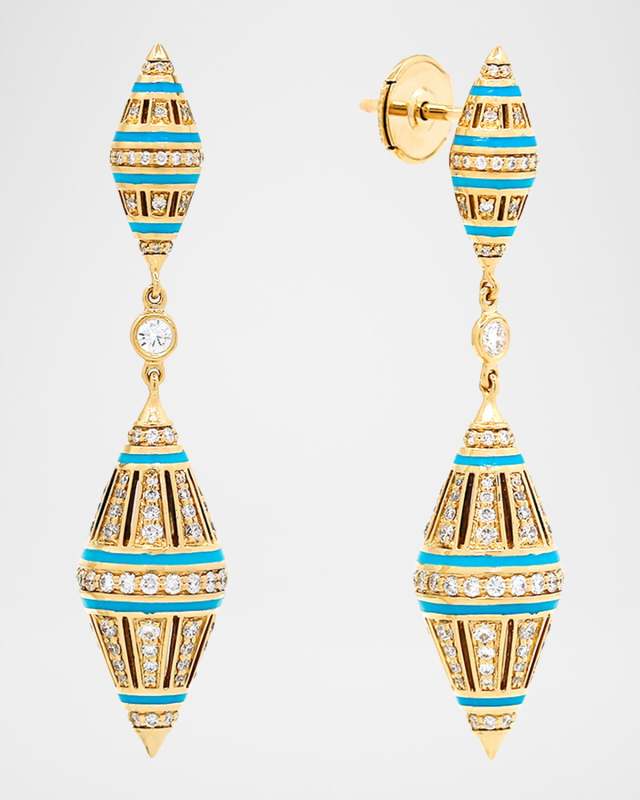 Merriyah Hanging Stud Earrings in 18K Yellow Gold, Turquoise HyCeram and White Diamonds